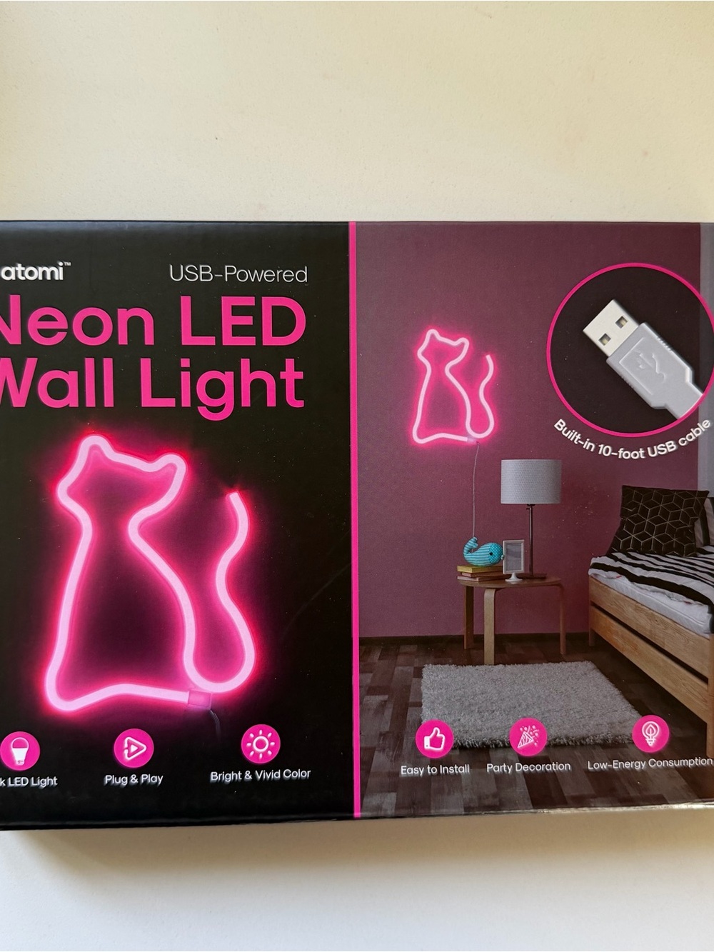 Neon LED Wall Light - Pink Cat Design USB-Powered